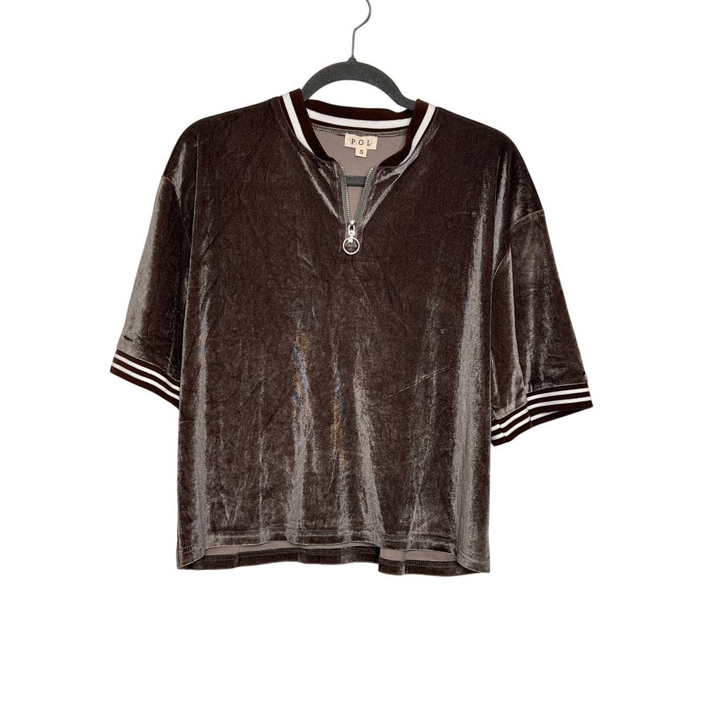 POL Velour Half Zip Top Women’s Small Brown Varsity Stripe Trim Ring Zipper